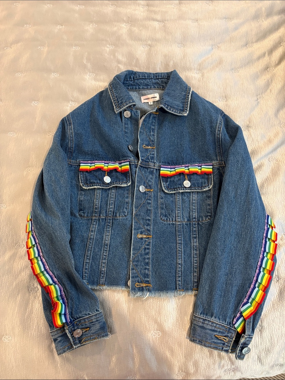 Sunset and Spring Denim Jacket with Rainbow Ribbon Accents NWT